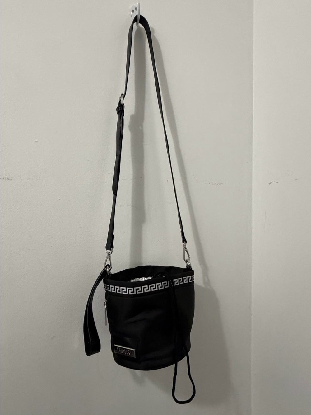 Versace Parfums Black Bucket Crossbody Bag with Greek Key Trim